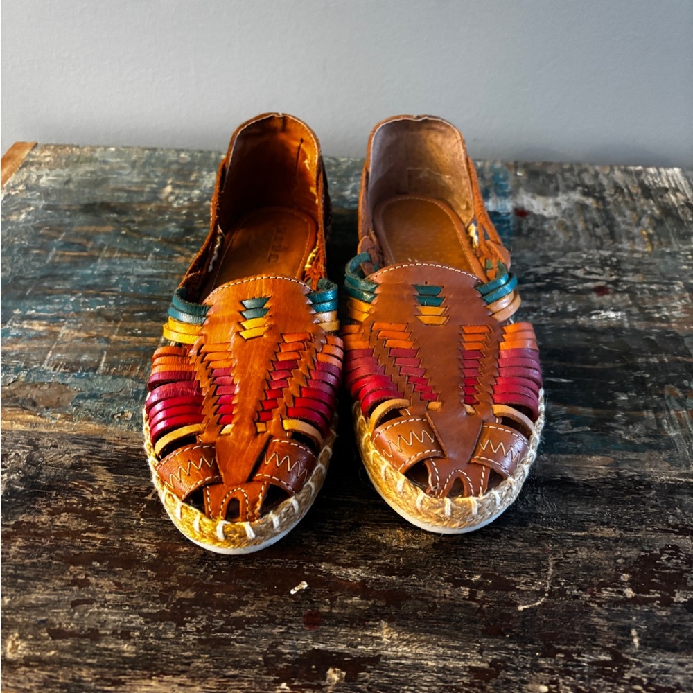 Handwoven Multicolor Leather Huarache Sandals - Brown & Red Accent